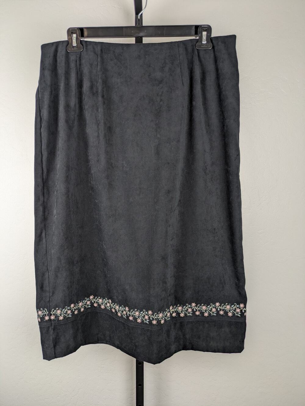 CJ Banks Black Midi Length Microsuede Skirt Floral Embroidery